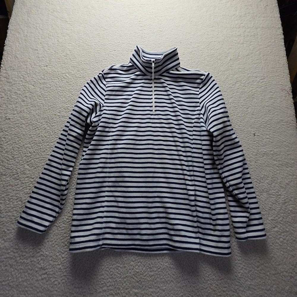 Lands' End Shirt Womens XL Blue Mock Neck Long Sleeve Stripe Fleece Top